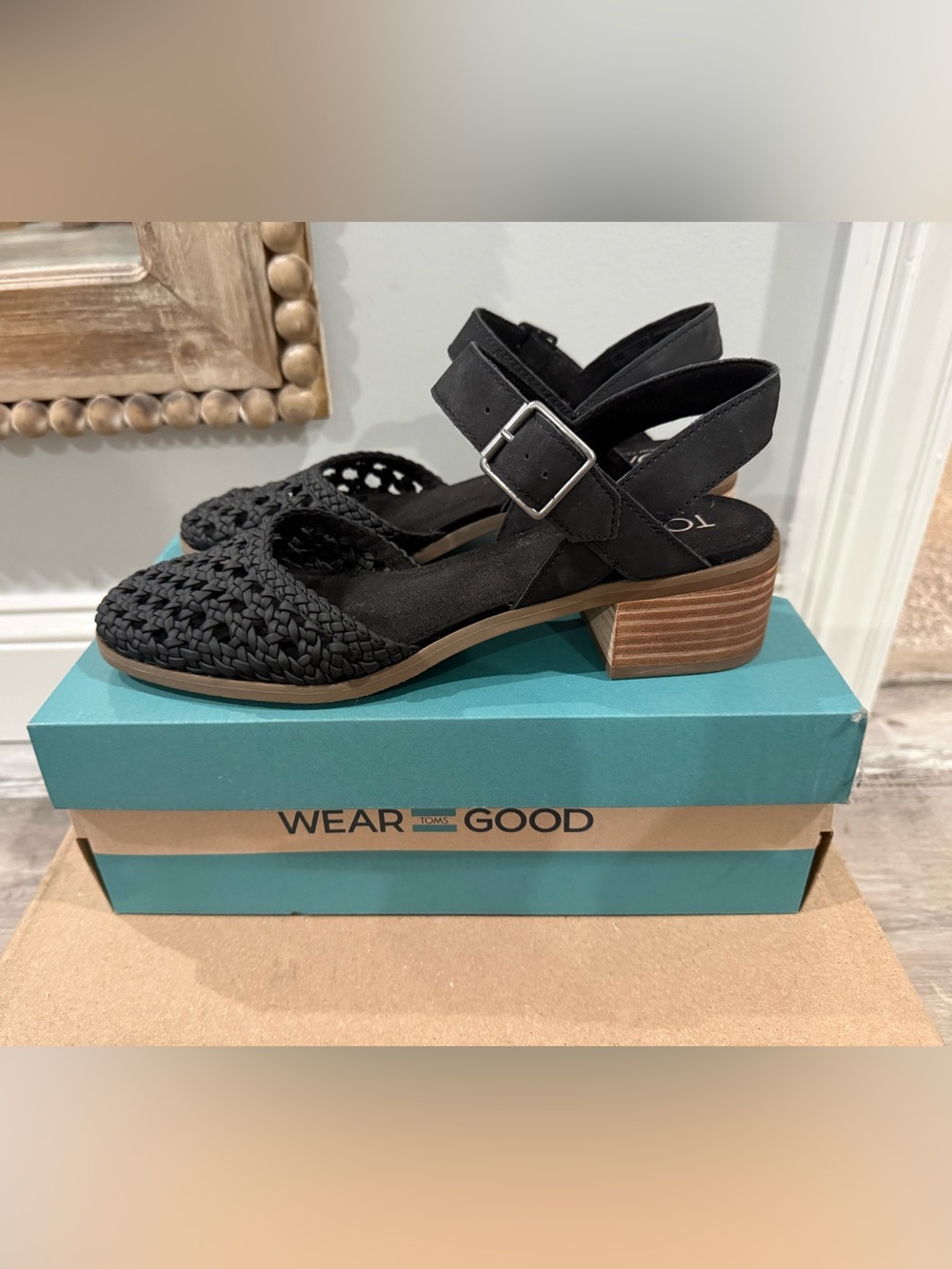 TOMS Jaclyn Black Woven perforated Mary Jane Basket Leather Sandals
